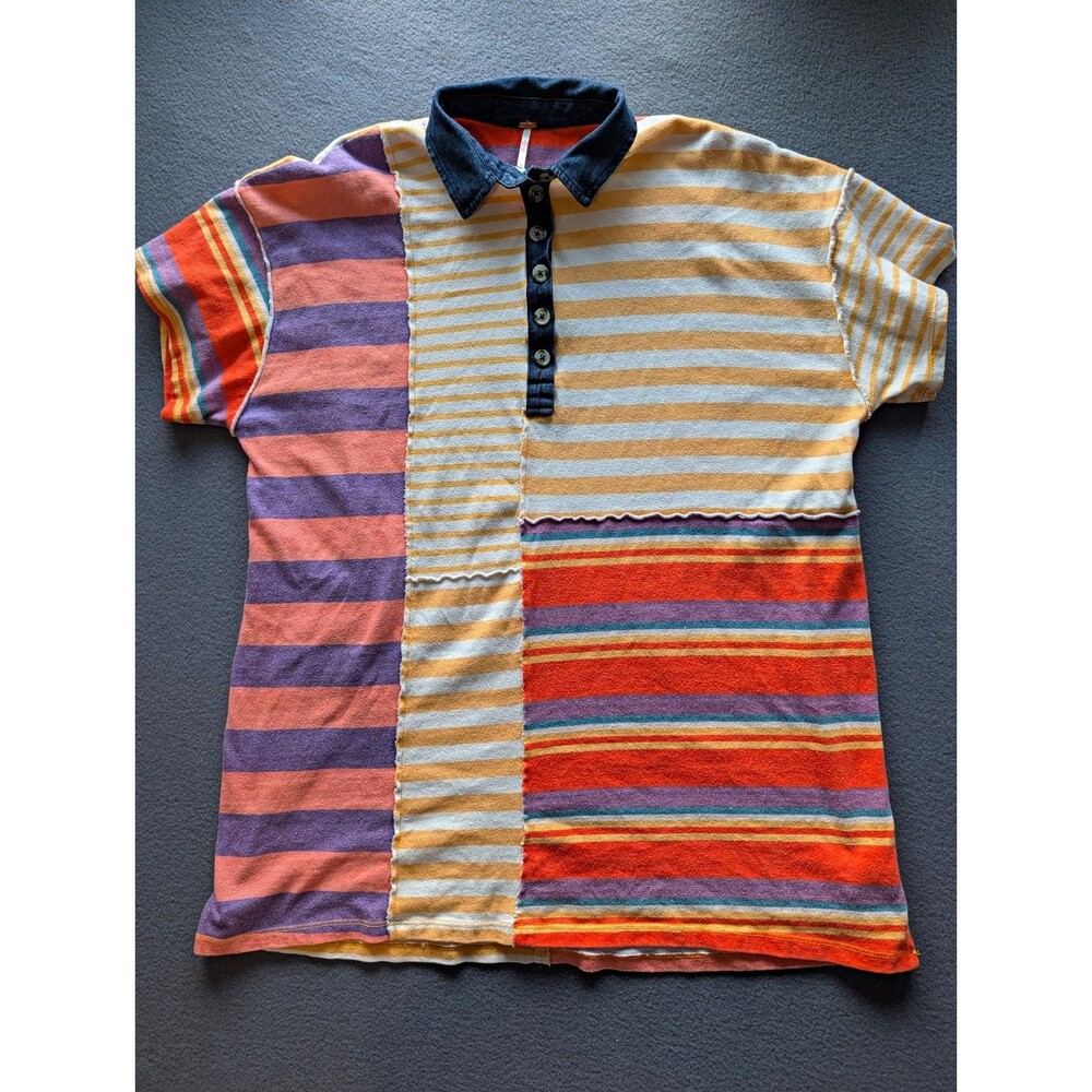 Free People XS Patchwork Striped Polo Shirt Multicolor Boho Short Sleeve Top